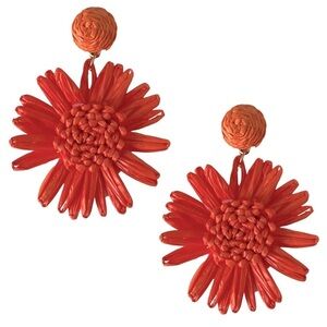 Orange Straw Paper Flower Statement Earrings